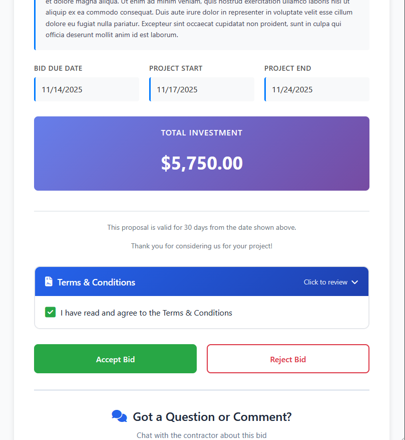Customer reviewing bid in portal